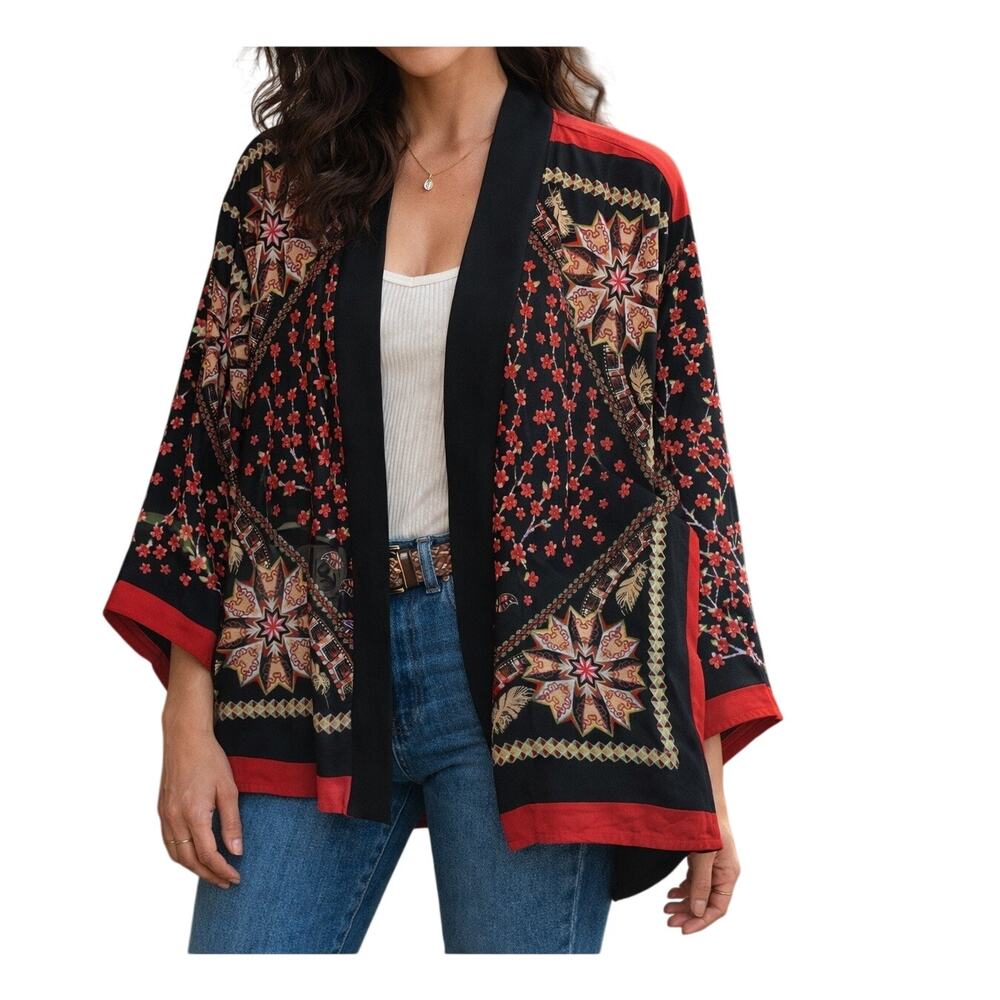Boho Kimono Jacket SZ Med‎ Mandala Print Open Front Artsy Festival Layering Top